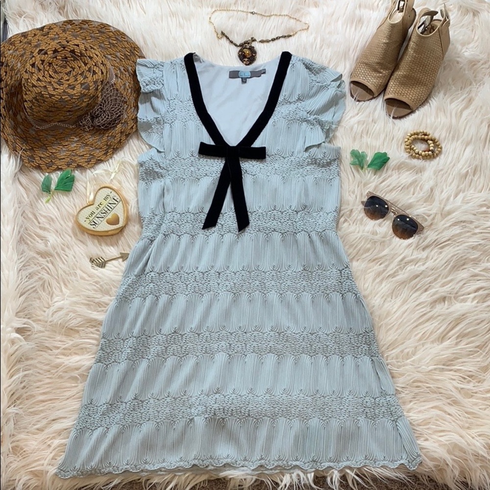 Anthropologie Sky Blue Mini Dress with Black Bow
